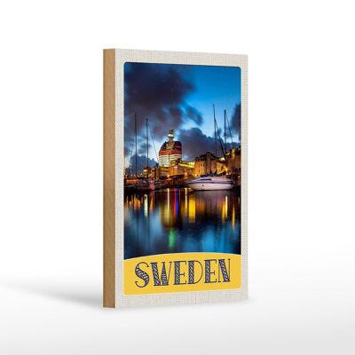 Cartello da viaggio in legno 12x18 cm Svezia barche edifici decorazione mare