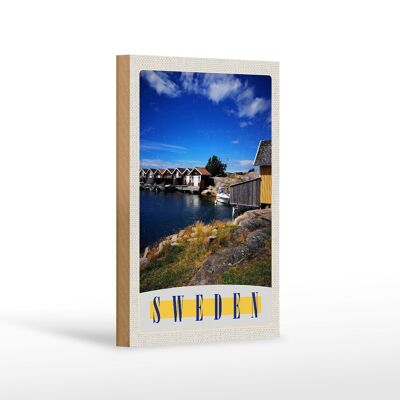 Wooden sign travel 12x18 cm Sweden sea houses boats decoration