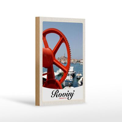 Cartel de madera viaje 12x18 cm Rovinji Croacia barcos casa roja