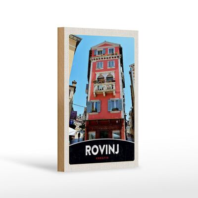 Panneau en bois voyage 12x18 cm Rovinj Croatie maison fleurs rouges