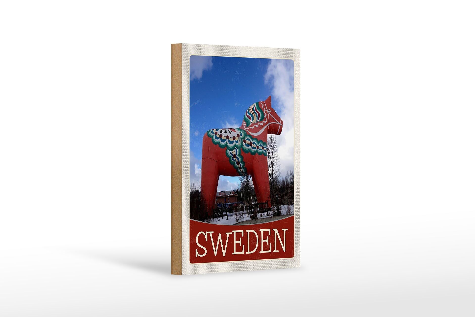 Wooden sign travel 12x18 cm Sweden red horse sculpture decoration