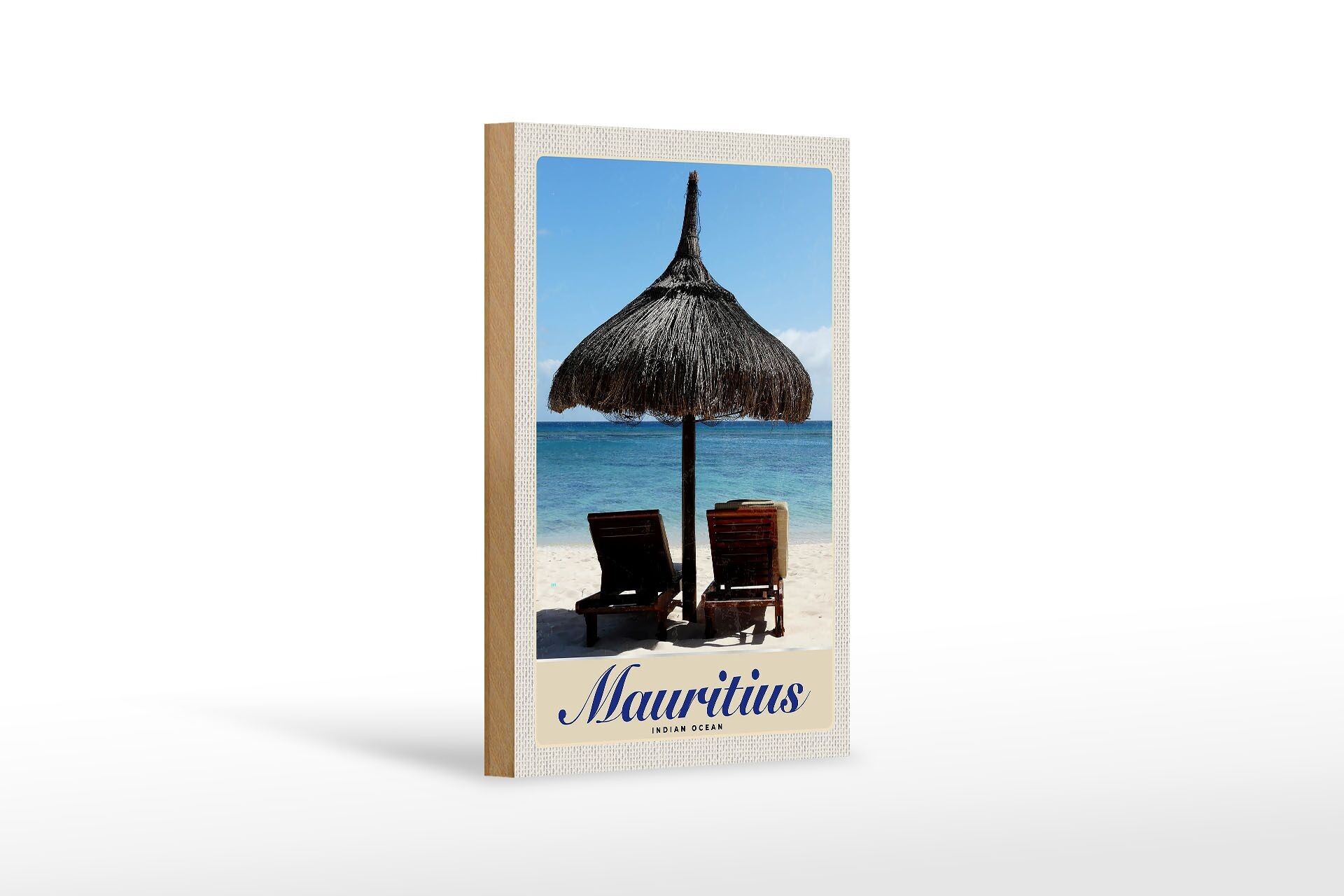 Letrero de madera de viaje 12x18 cm Mauricio Océano Índico tumbona