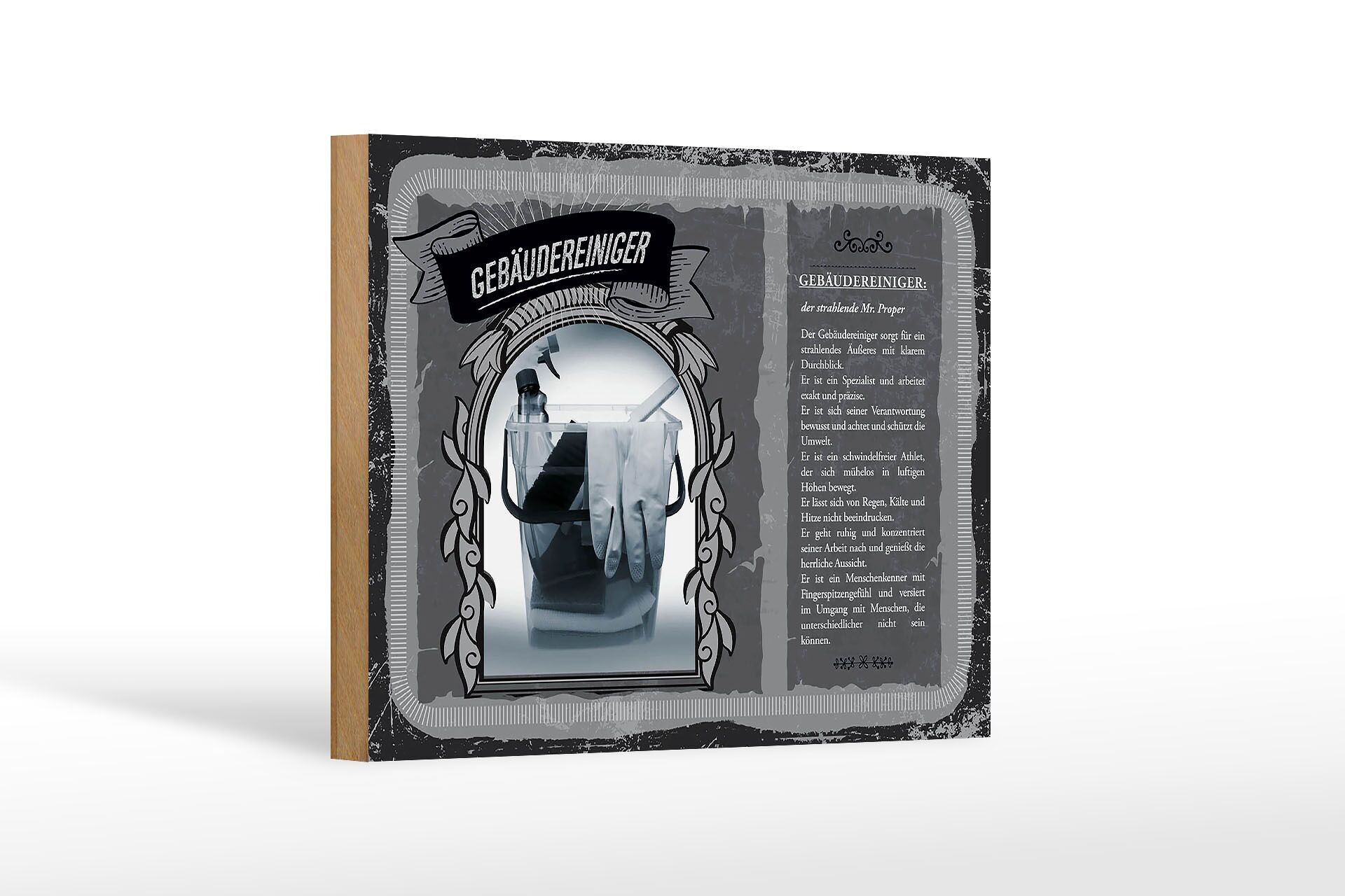 Cartello in legno Professioni 18x12 cm Detergente per edifici perfettamente pulito