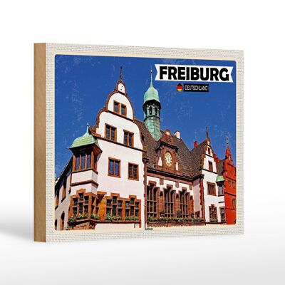 Cartel de madera ciudades Friburgo ayuntamiento arquitectura decoración 18x12 cm