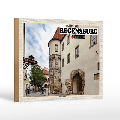 Wooden sign cities Regensburg Porta Praetoria Castle 18x12 cm