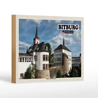Wooden sign cities Bitburg town hall at the Roman wall 18x12 cm