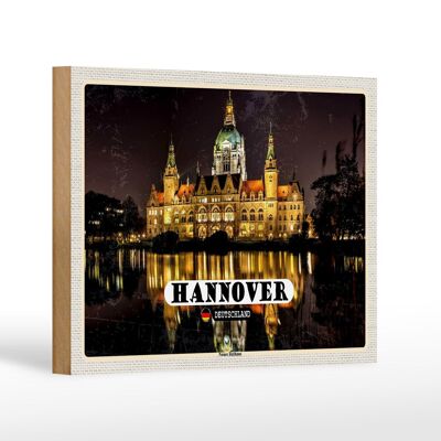 Holzschild Städte Hannover Neues Rathaus Abend 18x12 cm