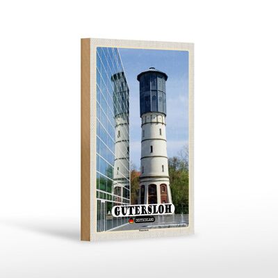 Letrero de madera ciudades Gütersloh decoración torre de agua 12x18 cm