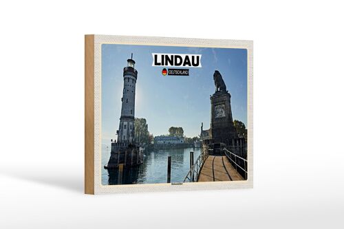 Holzschild Städte Lindau Hafeneinfahrt Fluss Gebäude 18x12 cm