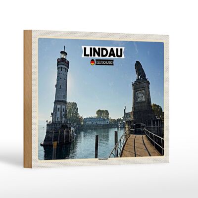 Cartel de madera ciudades Lindau puerto entrada río edificio 18x12 cm