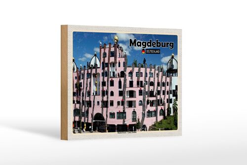 Holzschild Städte Magdeburg Hundertwasser Gebäude 18x12 cm