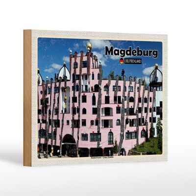 Wooden sign cities Magdeburg Hundertwasser building 18x12 cm
