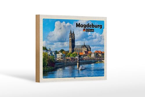 Holzschild Städte Magdeburg Dom Fluss Architektur 18x12 cm