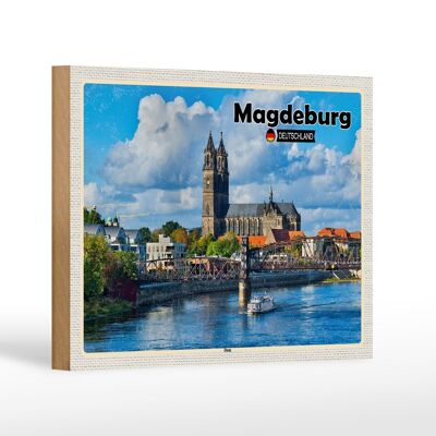 Cartel de madera ciudades Catedral de Magdeburgo arquitectura fluvial 18x12 cm