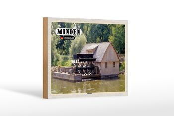 Panneau en bois villes Minden, navire, moulin, rivière, décoration 18x12 cm 1