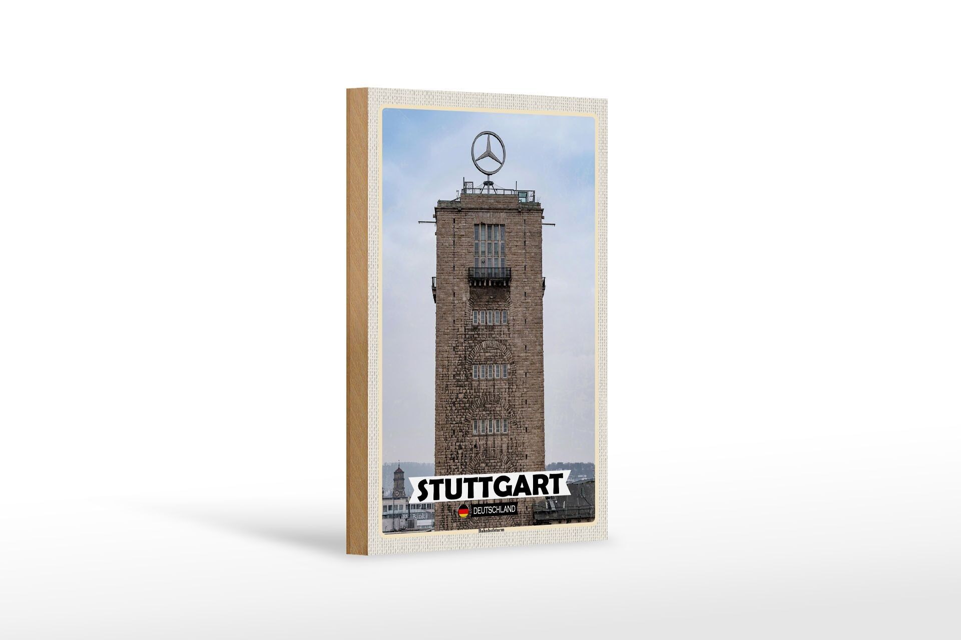 Cartello in legno città Stoccarda stazione torre architettura 12x18 cm