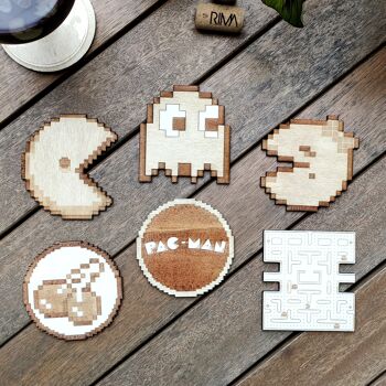 Ensemble de 6 sous-verres en bois Pacman - Cadeau de pendaison de crémaillère - Pac man - Jeu vidéo 1