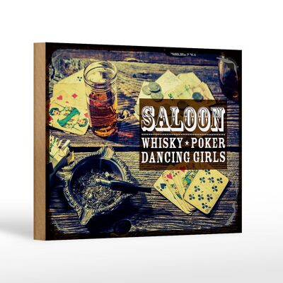 Cartel de madera que dice Saloon Whisky Poker Chicas bailando 18x12 cm