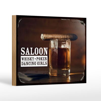 Cartel de madera que dice Saloon Whisky Poker Chicas bailando 18x12 cm