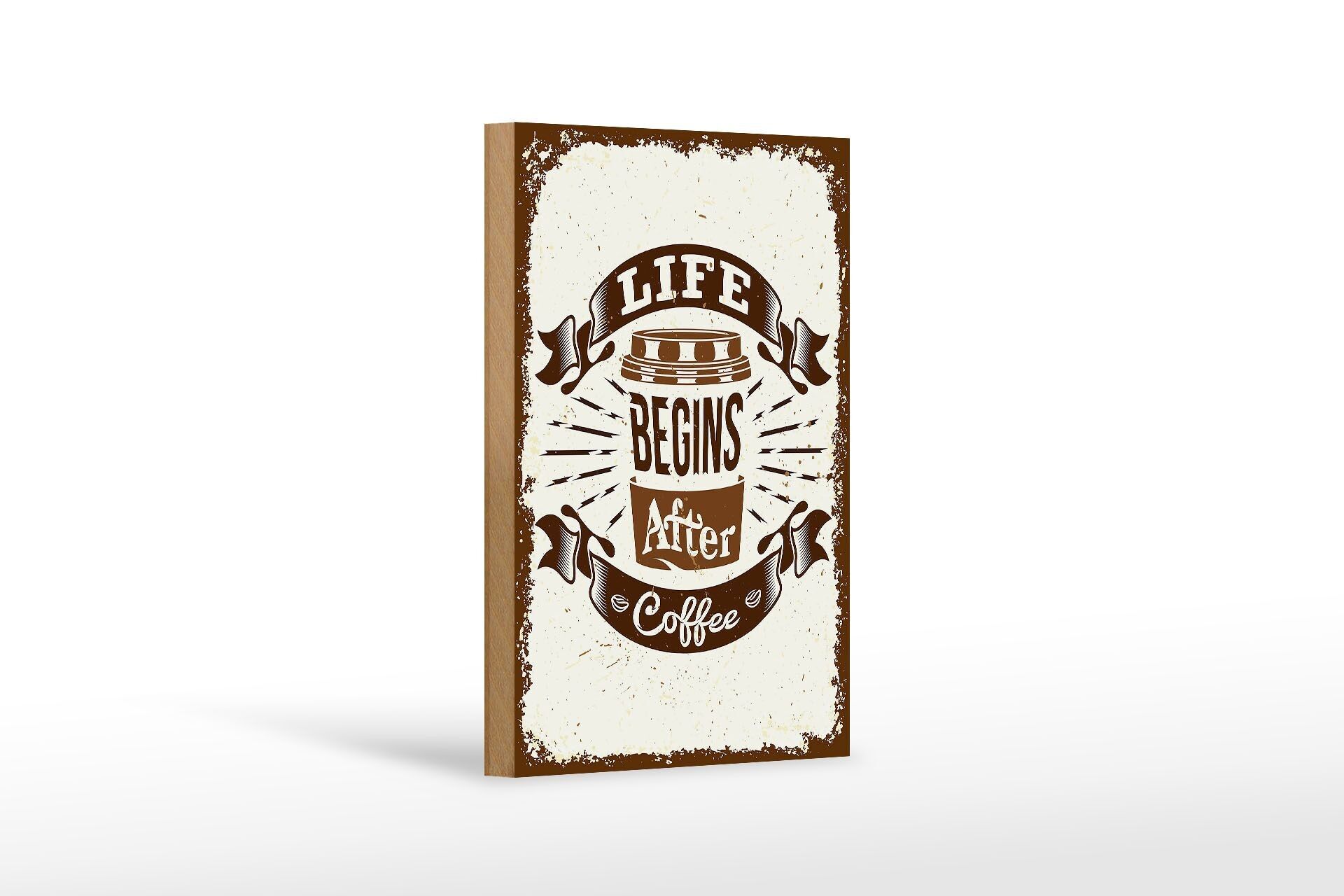 Cartello in legno con scritta La vita comincia dopo il caffè 12x18 cm decoro