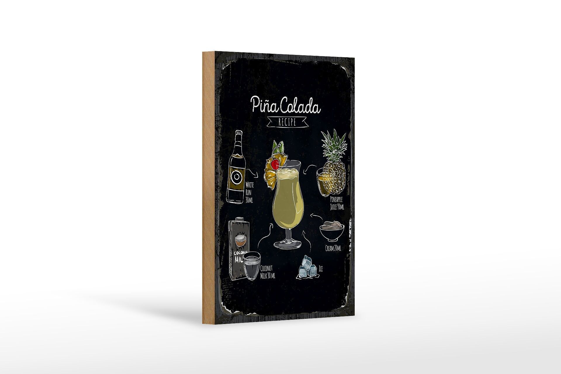 Letrero de madera receta Receta Coktail Piña Colada 12x18 cm regalo