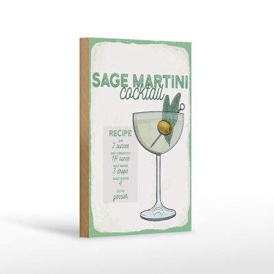 Panneau en bois recette Sauge Martini Cocktail Recette 12x18 cm décoration