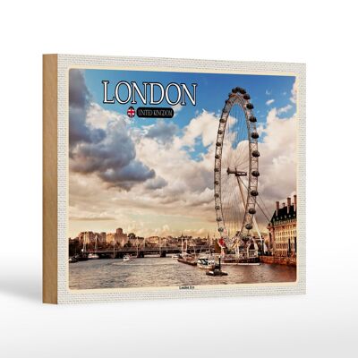 Cartel de madera ciudades Reino Unido Inglaterra London Eye 18x12 cm
