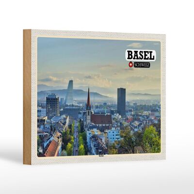 Cartel de madera viaje Basilea Suiza horizonte arquitectura 18x12 cm