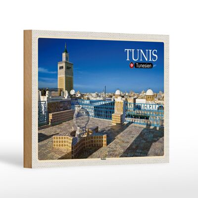 Cartel de madera viaje Túnez Medina Mezquita 18x12 cm decoración