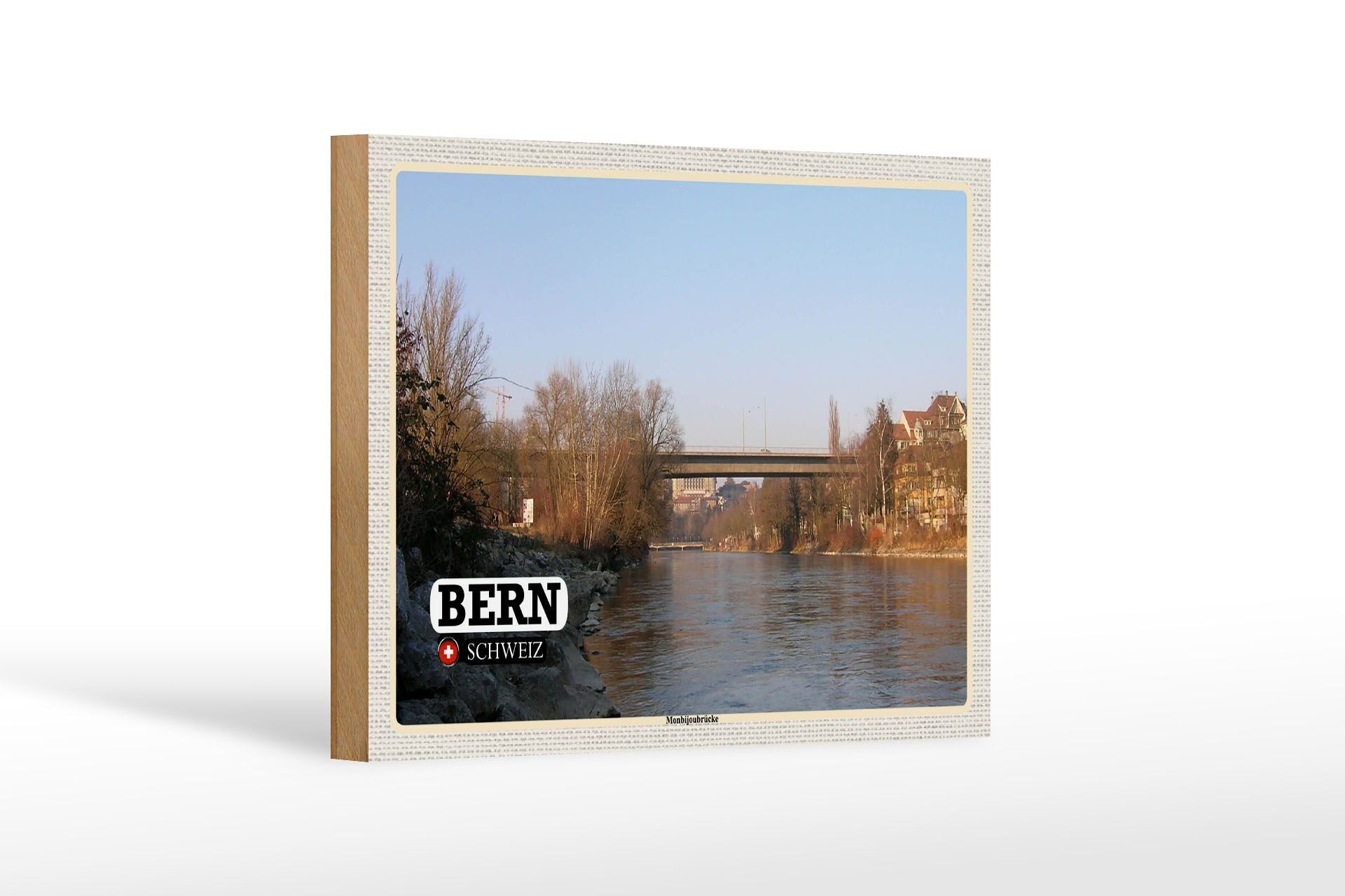 Wooden sign travel Bern Switzerland Monbijou Bridge river 18x12 cm