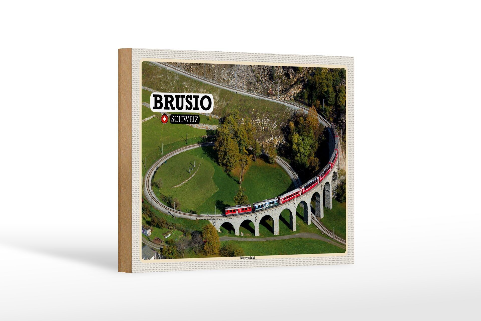 Wooden sign travel Brusio Switzerland circular viaduct train 18x12 cm decoration