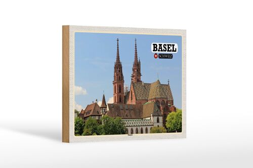 Holzschild Reise Basel Schweiz Münster Kirche 18x12 cm Dekoration