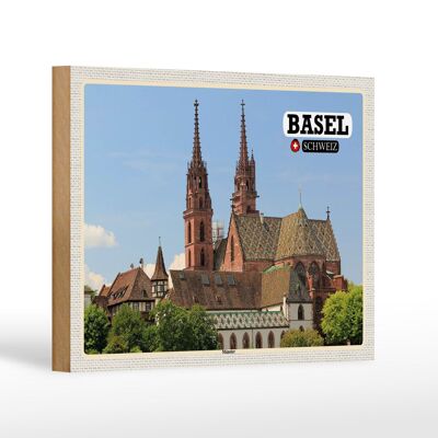 Holzschild Reise Basel Schweiz Münster Kirche 18x12 cm Dekoration