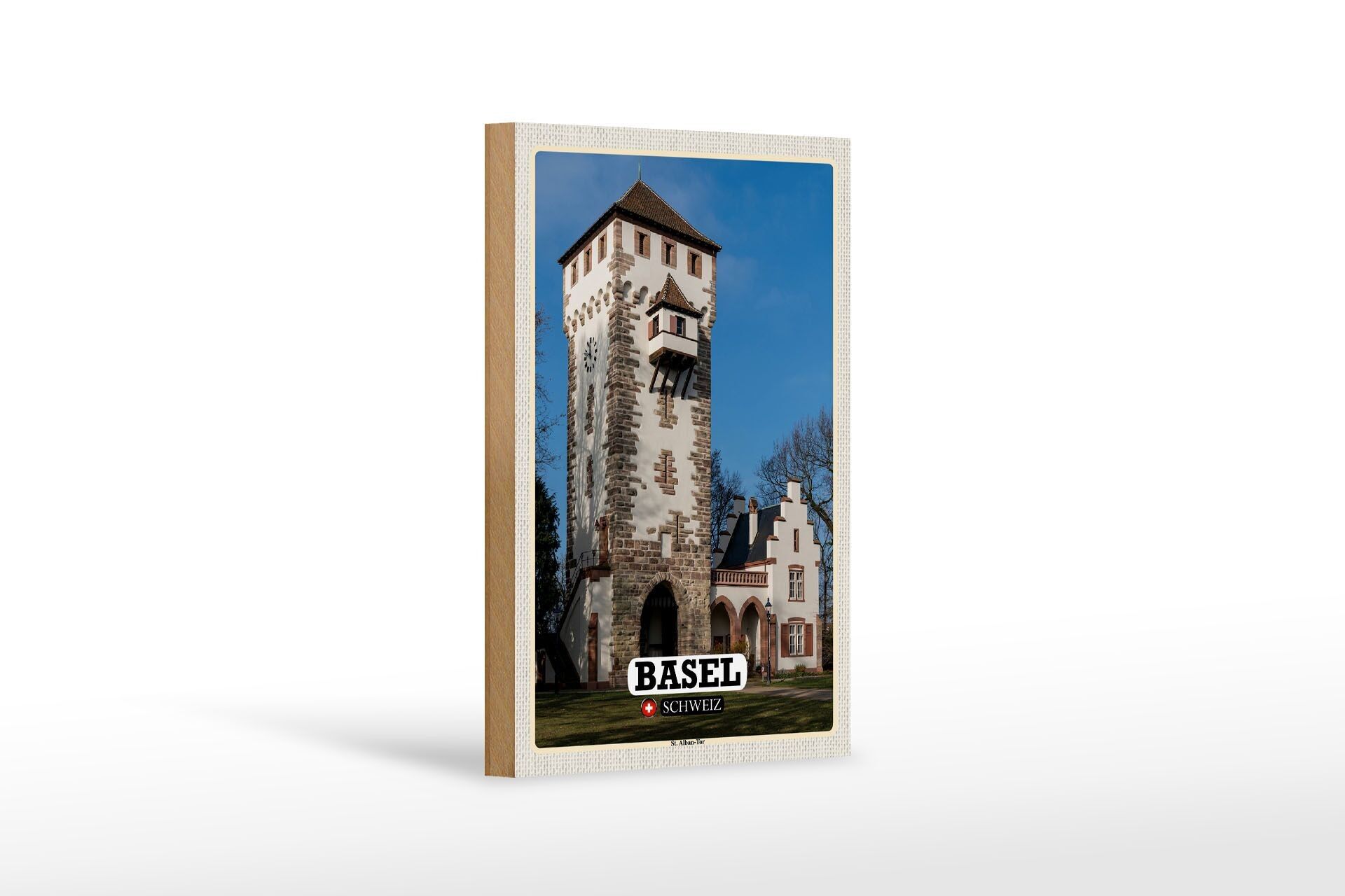 Cartello in legno viaggio Basilea Svizzera St. Decoro cancello Albano 12x18 cm