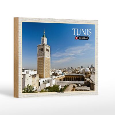 Cartel de madera viaje Túnez Mezquita Ez Zitouna 18x12 cm decoración