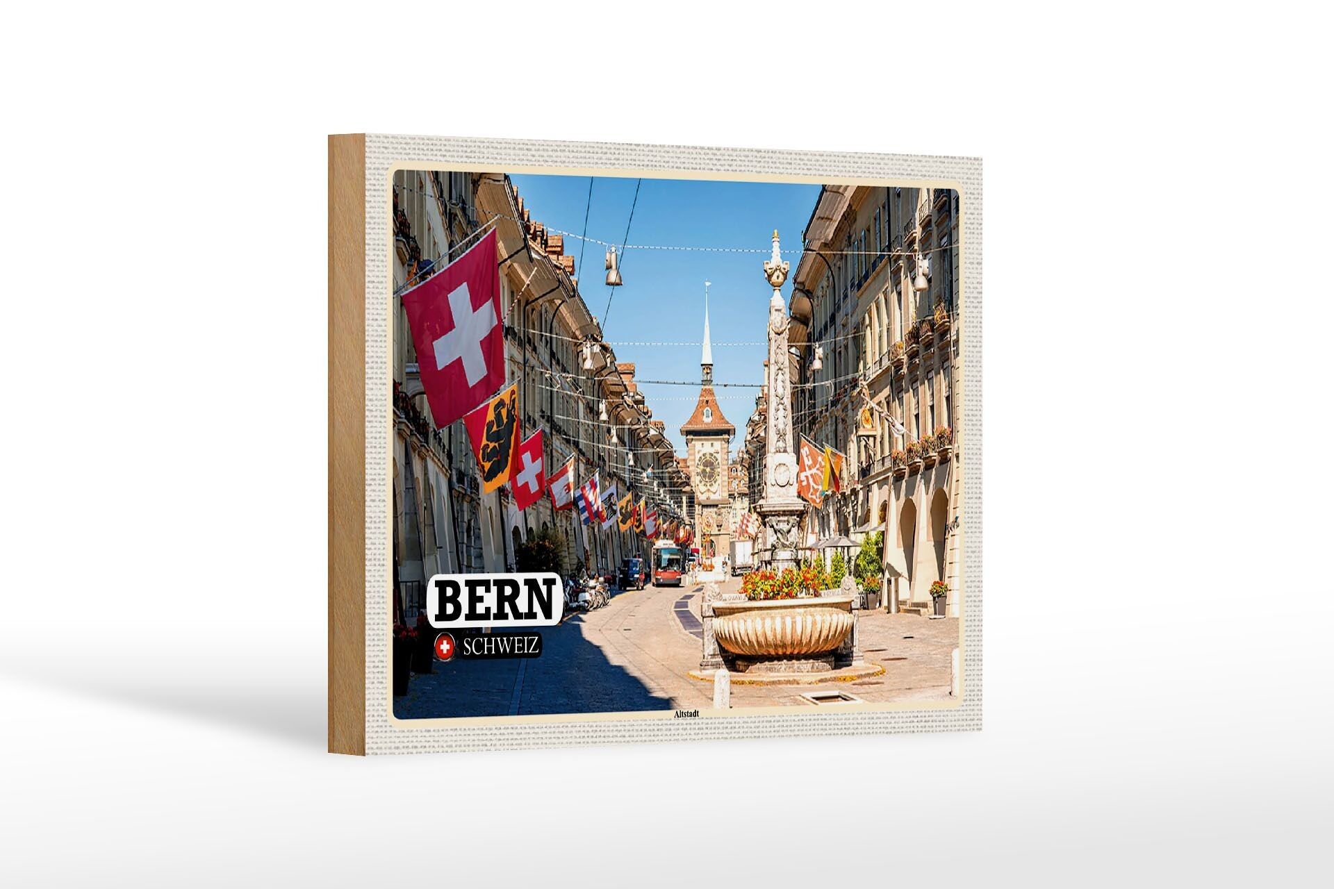 Cartello in legno da viaggio Berna Svizzera bandiere del centro storico 18x12 cm decorazione