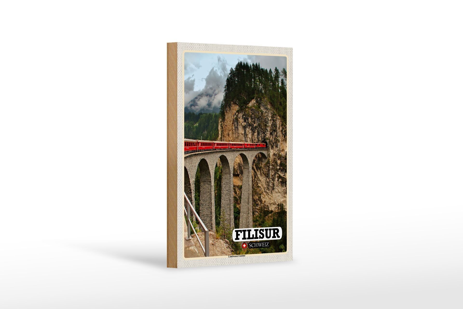 Wooden sign travel Filisur Switzerland Landwasser Viaduct 12x18 cm