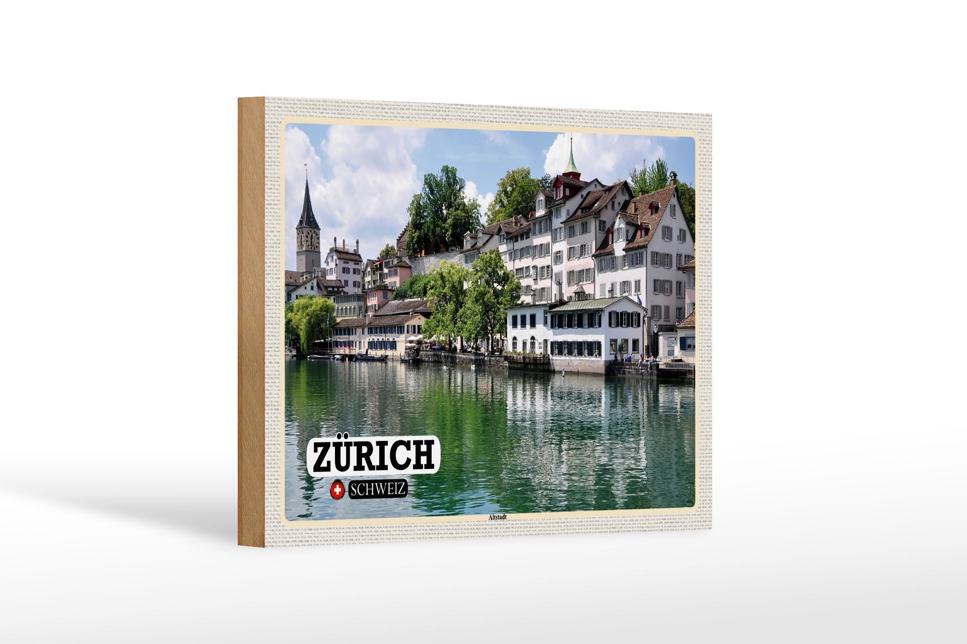 Cartello in legno viaggio Zurigo Svizzera città vecchia fiume 18x12 cm decorazione