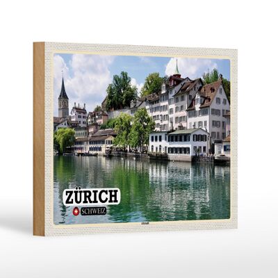 Cartel de madera viaje Zurich Suiza casco antiguo río 18x12 cm decoración