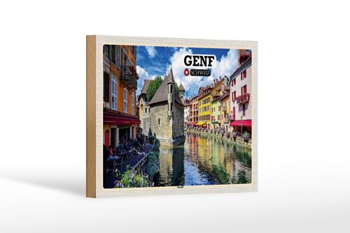 Holzschild Reise Genf Schweiz Altstadt Fluss 18x12 cm Dekoration