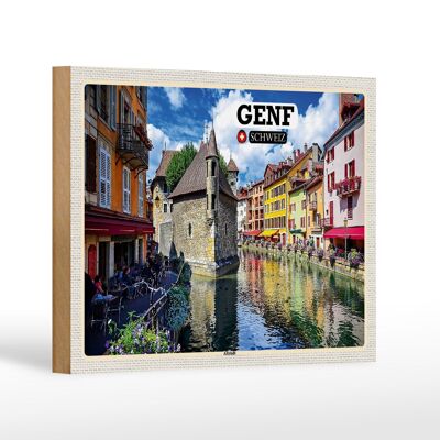 Holzschild Reise Genf Schweiz Altstadt Fluss 18x12 cm Dekoration