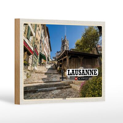 Cartel de madera viaje Lausana Suiza arquitectura del casco antiguo 18x12 cm