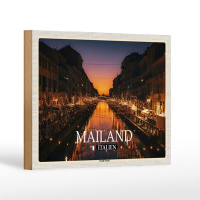 Cartel de madera viaje Milán Italia distrito Navigli 18x12 cm decoración