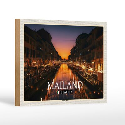 Panneau en bois voyage Milan Italie quartier Navigli 18x12 cm décoration