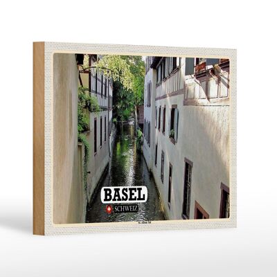Cartel de madera viaje Basilea Suiza St. Edificio Valle Alban 18x12 cm