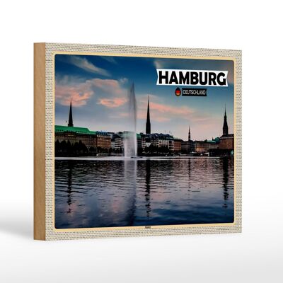 Letrero de madera ciudades Hamburgo Alster vista al río 18x12 cm decoración