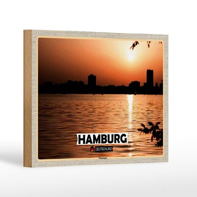 Cartel de madera ciudades Hamburgo Winterhude atardecer 18x12 cm