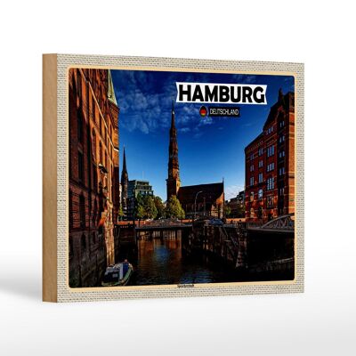 Cartello in legno città Amburgo Speicherstadt architettura 18x12 cm