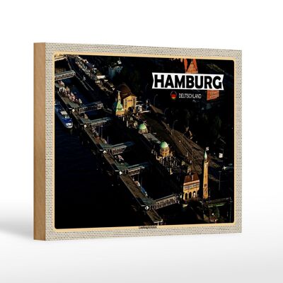 Cartel de madera ciudades Hamburgo vista Landungsbrücken 18x12 cm