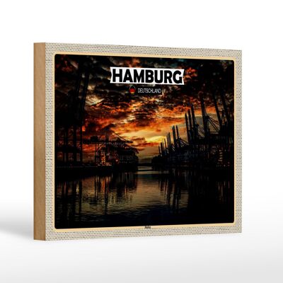 Panneau en bois villes Hambourg port coucher de soleil 18x12 cm décoration